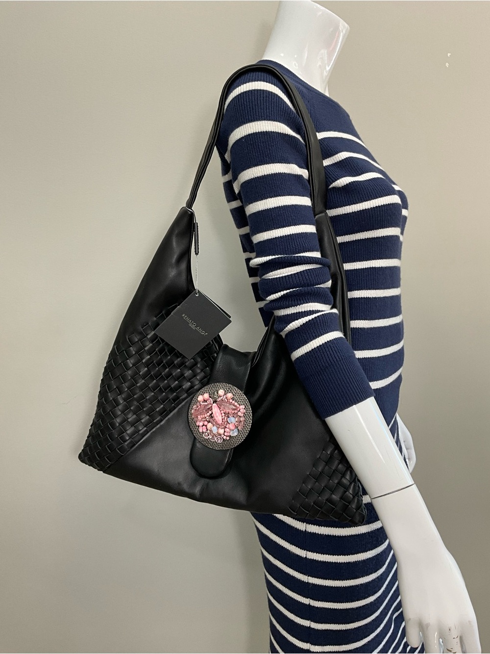 RENATO ANGI Black Woven Leather Shoulder Bag Pink Beaded Medallion NWT